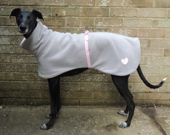 Greyhound / Lurcher fleece dog coat - Grey and pink heart design