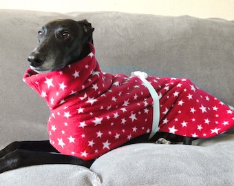 Greyhound / Lurcher / whippet fleece dog coat - Red & White Stars design