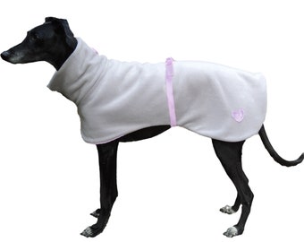 Greyhound / Lurcher / Whippet fleece dog coat - Grey with lilac crochet heart