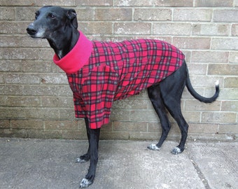 Greyhound / lurcher fleece dog coat 3/4 length - red tartan design