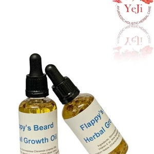 May include: Two small glass bottles with dropper tops filled with a yellow liquid and dried herbs. The bottles are labeled "Flappy's Herbal Growth Oil" and "Happy's Beard Growth Oil".