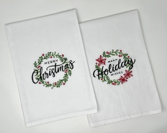 Christmas Tea Towel, Holiday Tea Towel, Embroidered Tea Towel