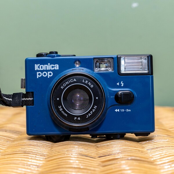 Konica pop in Blue with Hexanon 36mm f/4 lens + Leather case