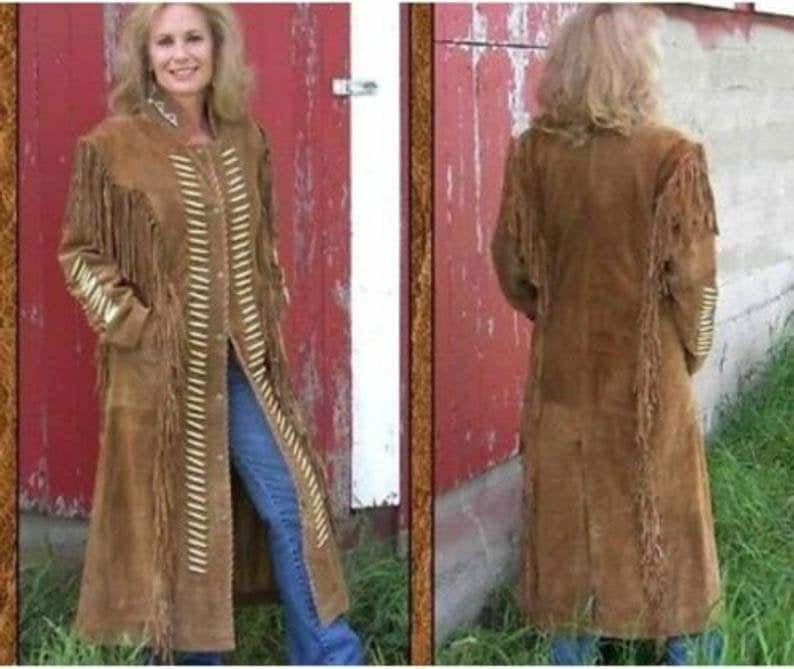 Handmade Women Western Wear Suede Leather Long Duster Coat Fringes and bones