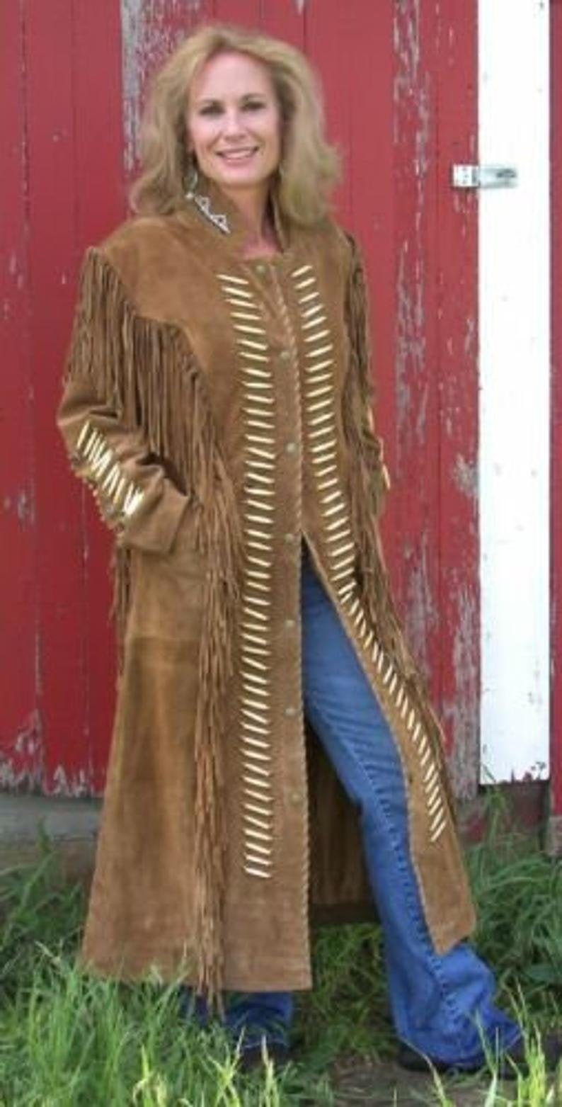 Handmade Women Western Wear Suede Leather Long Duster Coat Fringes and bones