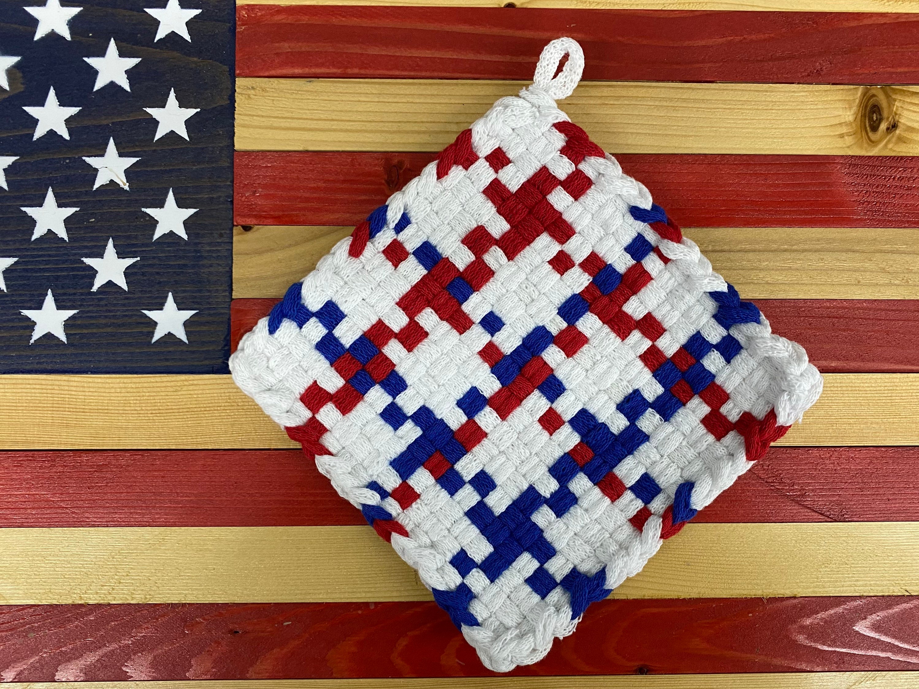 Pair of Hand Woven Potholders Patriotic Red White and Blue Etsy