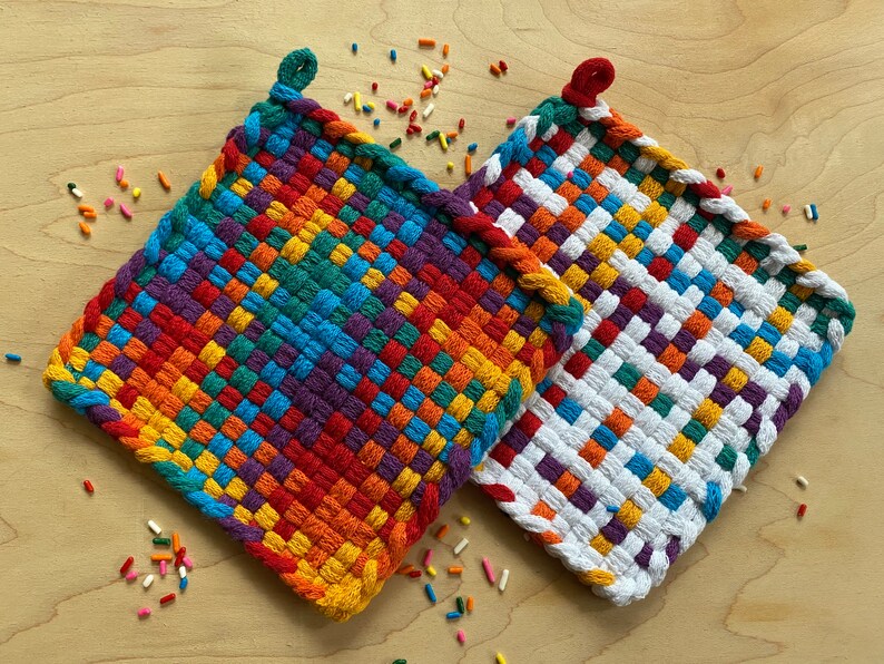 Pair of Hand Woven Potholders Bright Shades of Rainbow Etsy