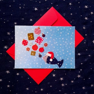 Biglietto di Natale - Natale per i pesci, biglietto pieghevole con busta rossa, formato A6, stampa digitale