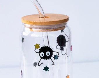 Anime Glass Beer Can 20 oz Coffee Cup, Hot Or Cold Drink Soot Sprite Coffee Cup, Spirited Away Glass Coffee Cup, Colorful Star Coffee Cup