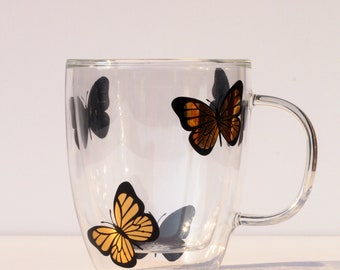 Personalizable Double Walled 12oz Coffee Mug, Hot Or Cold Drink Butterfly Glass Cup, Spring Glass Coffee Mug, Gold Coffee Cup With Handle