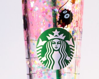 Soot Sprite With Stars Valentines 24 oz Starbucks Tumbler, Lava Snowglobe Tumbler With Iridescent Heart Glitter, Personalizable Tumbler