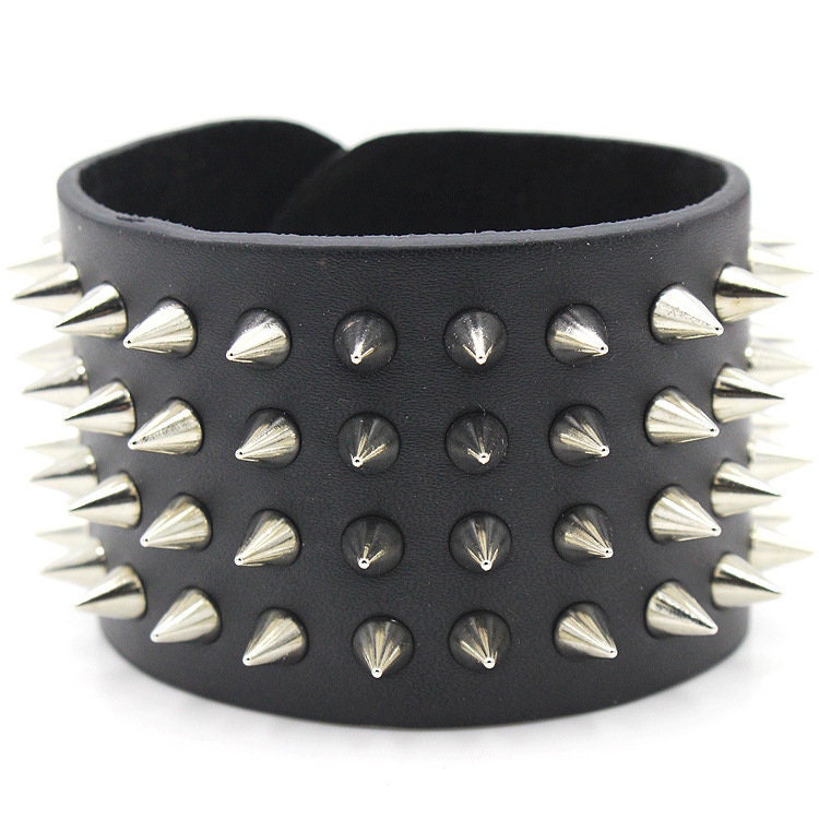 Wide Cuff Stud Leather Bracelet Four Row Spikes Punk Gothic - Etsy