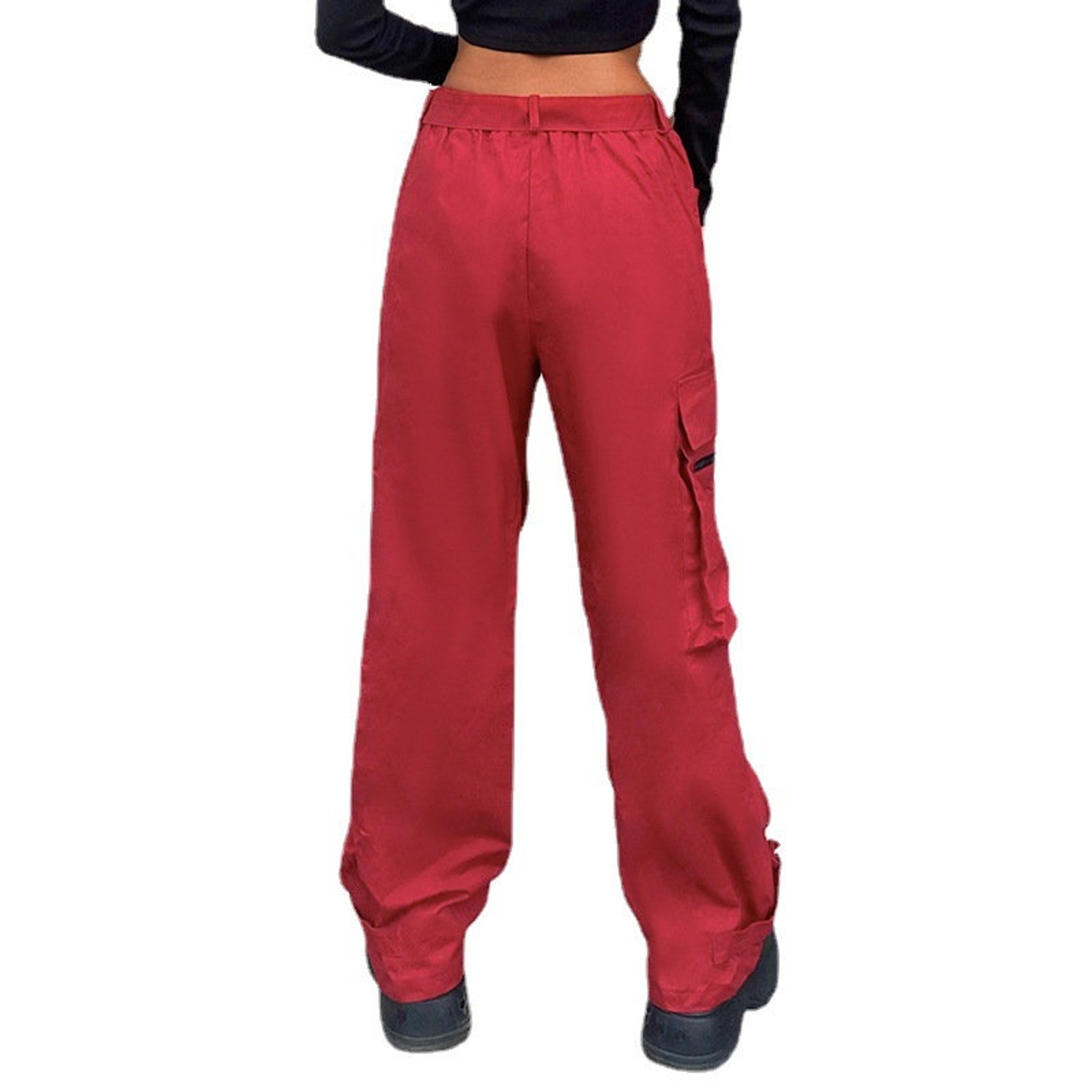 Hip Hop Wide Belted Red Cargo Pants Women Streetwear Etsy