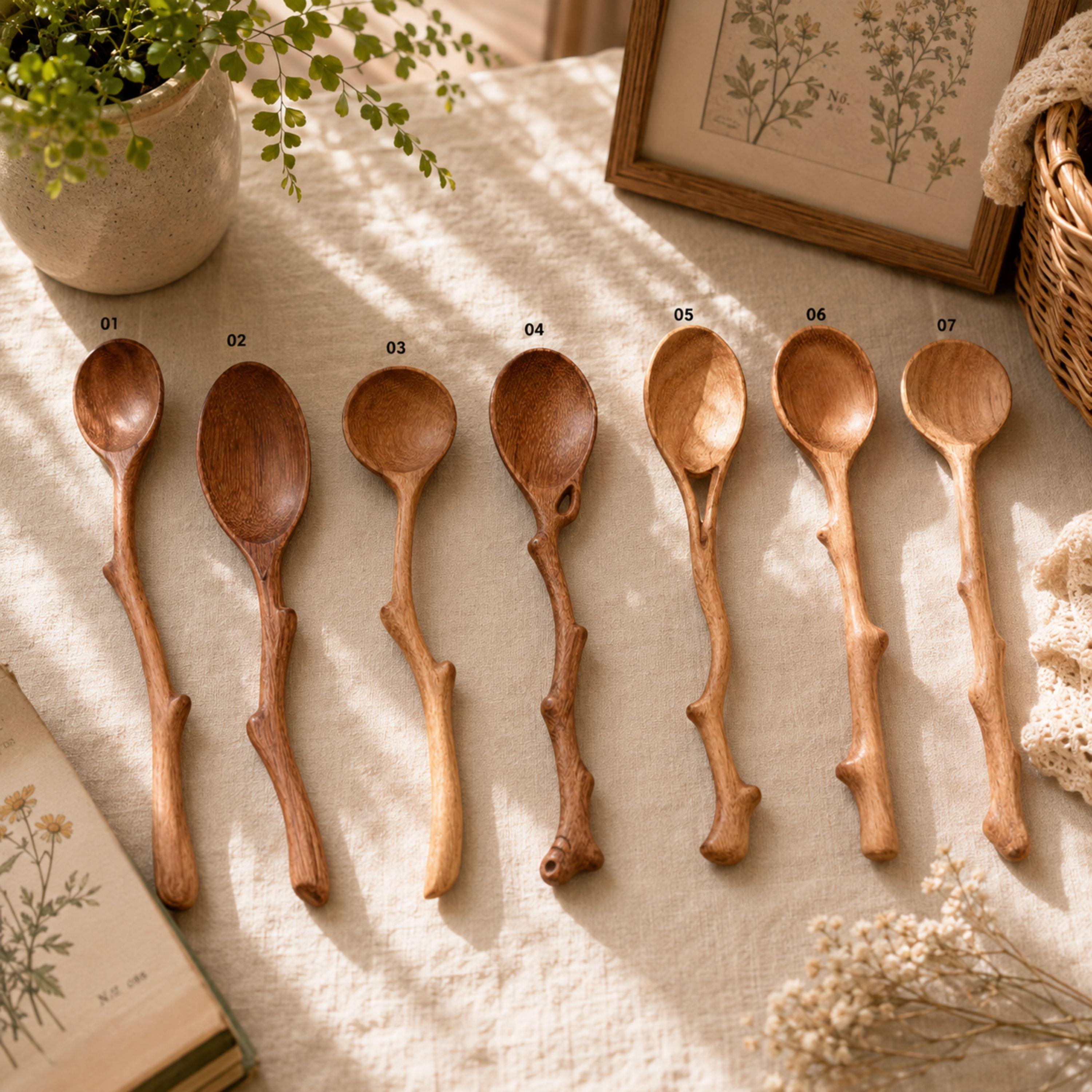 長柄の木製ティースプーン：農家風コーヒーかき混ぜ器具 - Etsy 日本