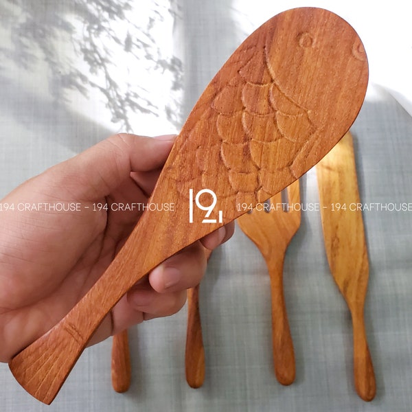 Handmade Wooden Rice Paddle Personalized Housewarming Gift, Japanese Shamoji for Mixing Serving Rice, Sustainable Kitchen Utensils