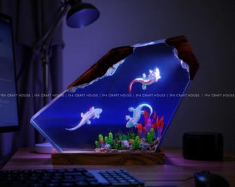 Axolotl Resin Lamp Night Light: Custom Epoxy Desk Lamp Diorama Wood Art Decor