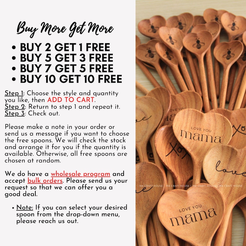 Puede incluir: Primer plano de un mont&oacute;n de cucharas de madera en forma de coraz&oacute;n con el texto "Love You Mama" grabado en ellas. Las cucharas est&aacute;n dispuestas de forma aleatoria. El texto "Buy More Get More" est&aacute; en la parte superior de la imagen. El texto "Buy 2 Get 1 Free, Buy 5 Get 3 Free, Buy 7 Get 5 Free, Buy 10 Get 10 Free" est&aacute; listado debajo del t&iacute;tulo. El texto "Add to Cart" tambi&eacute;n es visible en la imagen.