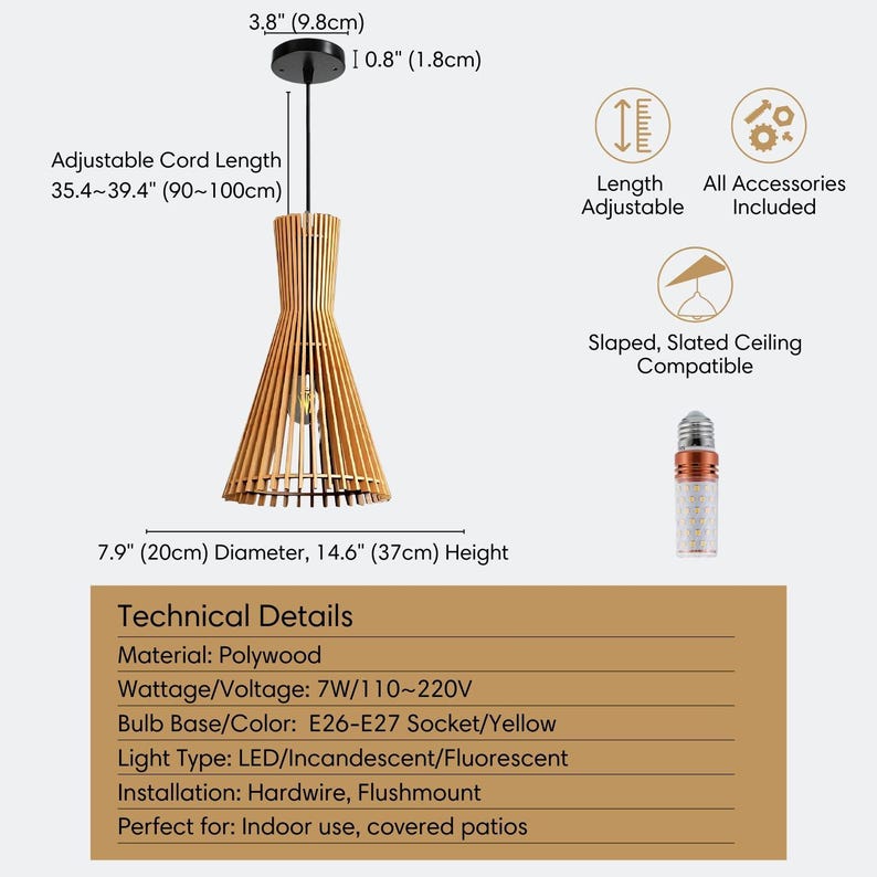 Pu&ograve; includere: Una lampada a sospensione in bamb&ugrave; con un diametro di 20 cm e un'altezza di 37 cm. La luce ha una lunghezza del cavo regolabile da 90 a 100 cm. La luce &egrave; compatibile con una lampadina da 7W/110-220V con un attacco E26-E27. La luce &egrave; adatta per l'uso in interni e per i patii coperti.