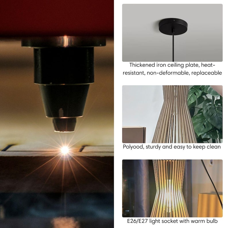 Pu&ograve; includere: Una lampada a sospensione in legno con una lampadina calda. La lampada &egrave; realizzata con sottili lamelle di legno e ha un design semplice e moderno. La lampada &egrave; appesa a una piastra da soffitto nera. Il testo "E26/E27 light socket with warm bulb" &egrave; visibile nell'immagine.