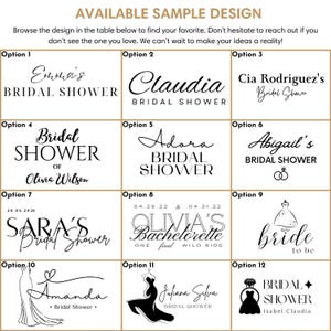May include: Twelve different designs for bridal shower invitations. Each design features a different font style and graphic element, such as a dress, rings, or a heart. The designs include names like Emma, Claudia, Adora, Olivia, Sara, and Amanda.
