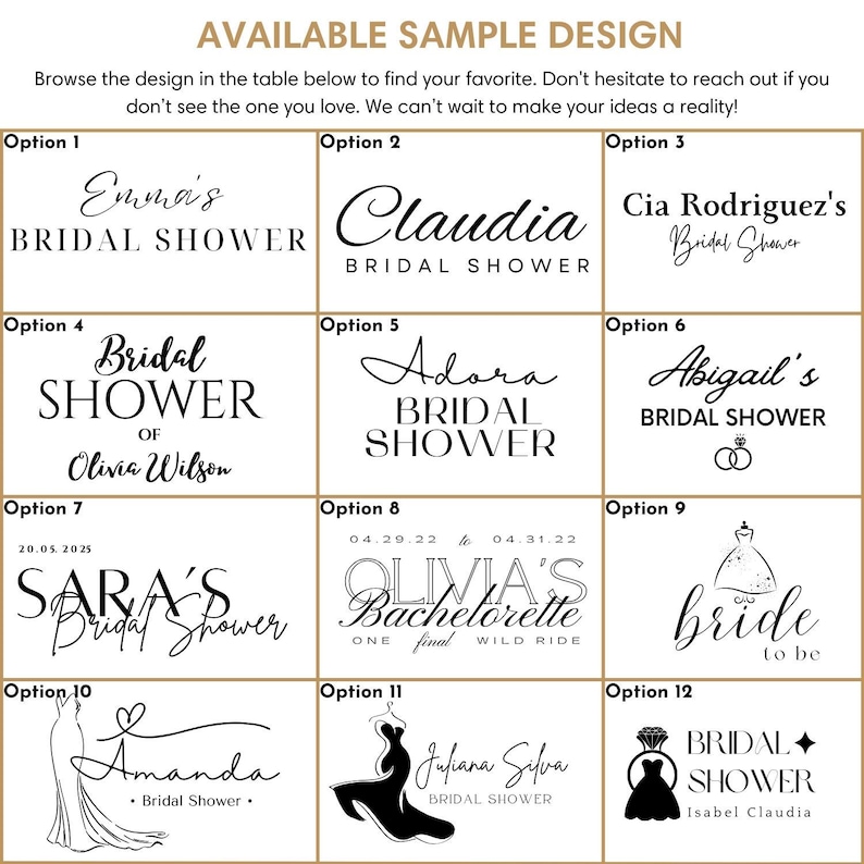 May include: Twelve different designs for bridal shower invitations. Each design features a different font style and graphic element, such as a dress, rings, or a heart. The designs include names like Emma, Claudia, Adora, Olivia, Sara, and Amanda.