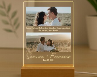 Custom Photo Acrylic Night Light: Couple Plaque Lamp Personalized Wedding Date Gift