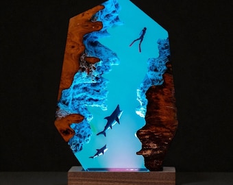Handmade Scuba Diver Shark Resin Lamp, Ocean Night Light, Personalized Gift