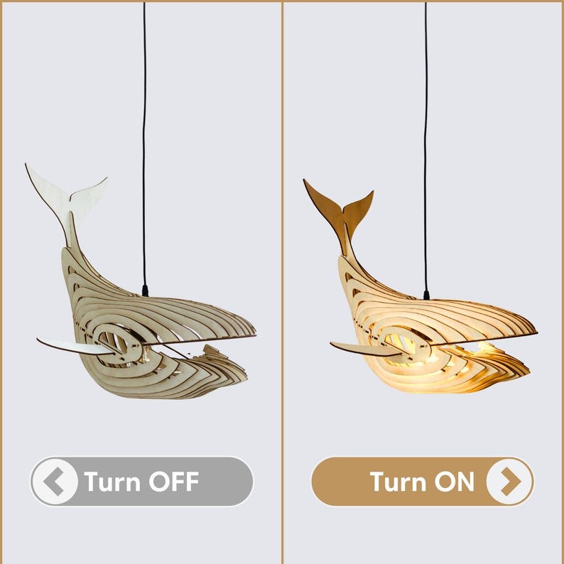 Whale Pendant Light For Kitchen Island, Wooden Whale Lamp Shade Ceiling Chandelier Hanging Light, Ocean Nursery Christmas Table Decor image 4