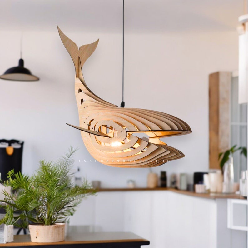 Whale Pendant Light For Kitchen Island, Wooden Whale Lamp Shade Ceiling Chandelier Hanging Light, Ocean Nursery Decor Birthday Gift for Kids image 8