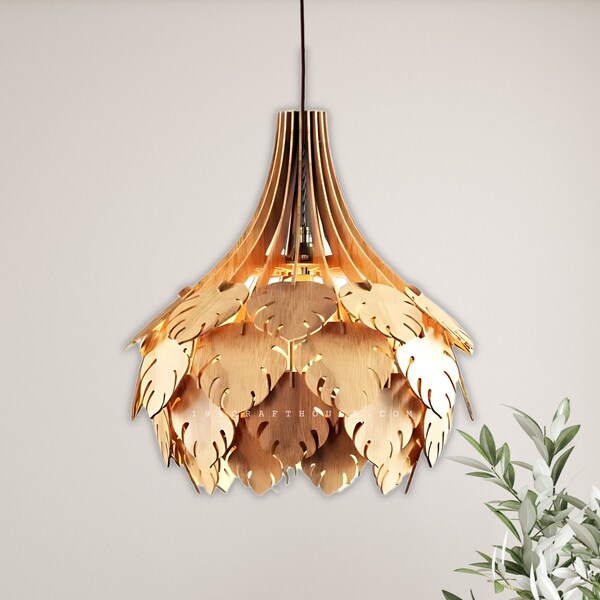 Monstera Leaf Lamp Wooden Pendant Light, Chandelier Lighting Hanging Lamp Shade Ceiling Light, Restaurant Hotel Bar Home Tropical Decor