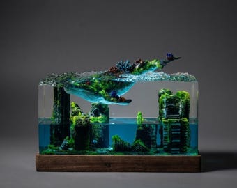 Whale Resin Lamp Ocean Diorama Night Light, Resin Wood Art Lamp, Marine Life Decor, Sea Lover Gift, Coastal Home Decor