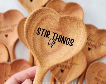 Stir Things Up Wooden Spoon Engraved Gifts, Heart Shaped Stir It Up Spoon for Eating Cooking Mixing Serving, Vintage Kitchen Table Decor