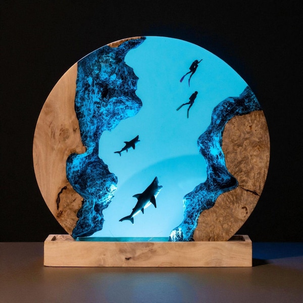 Resin Ocean Lamp: Shark & Diver Night Light, Underwater Diorama
