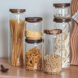 Glass Jar with Wood Lid Stackable Airtight Canister, Food Container Pasta Cereal Coffee Tea Storage Pantry Organizer, Vintage Kitchen Decor
