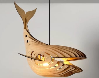 Whale Pendant Light For Kitchen Island, Wooden Whale Lamp Shade Ceiling Chandelier Hanging Light, Nursery Ocean Decor Birthday Gift for Kids