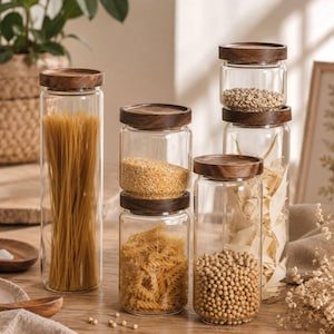 Glass Jar with Wood Lid: Airtight Stackable Food Storage