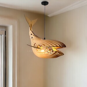 Kitchen Pendant Lighting Whale Lamp, Handmade Ceiling Chandelier Hanging Night Light Fixture, Wooden Gift DIY Kit, Boho Home Wall Decor