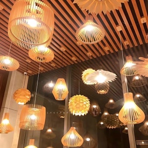 Wood Pendant Light for Restaurant Hotel Bar Cafe, Chandelier Lighting Lamp Shade for Farmhouse Mid Century Modern Scandinavian Decor