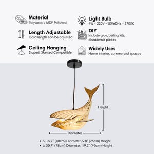 Whale Pendant Light For Kitchen Island, Wooden Whale Lamp Shade Ceiling Chandelier Hanging Light, Ocean Nursery Christmas Table Decor L: 30 x 19in MDF