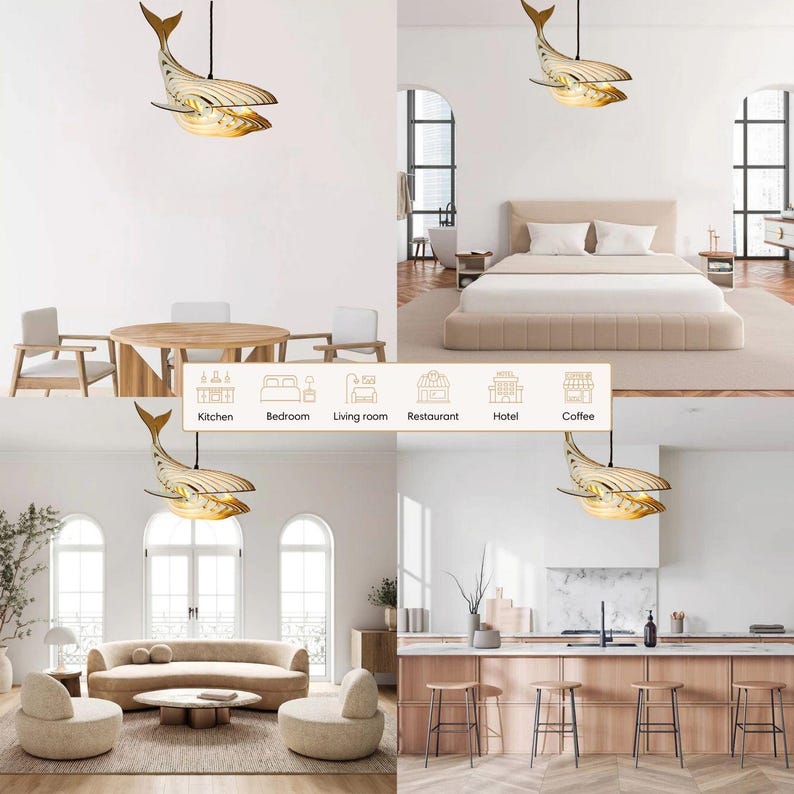 Whale Pendant Light For Kitchen Island, Wooden Whale Lamp Shade Ceiling Chandelier Hanging Light, Ocean Nursery Christmas Table Decor image 6
