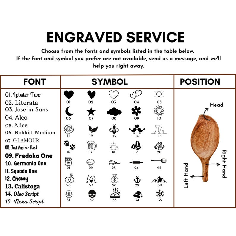 May include: A table with a list of fonts and symbols for customizing a wooden spoon. The spoon is shown in the right side of the image with options for engraving on the head, left hand, and right hand of the spoon.