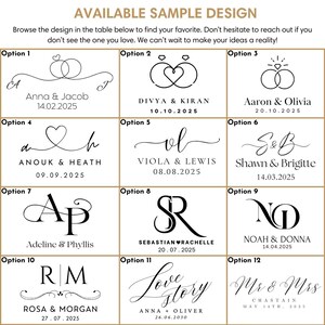 K&ouml;nnte beinhalten: Zw&ouml;lf verschiedene Hochzeitsmonogramm-Designoptionen mit verschiedenen Schriftarten und Stilen. Jedes Design enth&auml;lt die Namen des Paares und das Hochzeitsdatum.