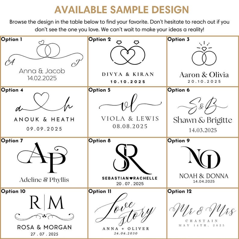 K&ouml;nnte beinhalten: Zw&ouml;lf verschiedene Hochzeitsmonogramm-Designoptionen mit verschiedenen Schriftarten und Stilen. Jedes Design enth&auml;lt die Namen des Paares und das Hochzeitsdatum.