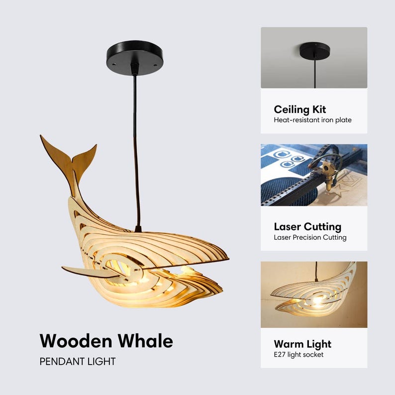 Whale Pendant Light For Kitchen Island, Wooden Whale Lamp Shade Ceiling Chandelier Hanging Light, Ocean Nursery Christmas Table Decor image 5