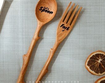 Wooden Salad Fork and Spoon Set Home Gift for Her, Custom Kitchen Utensils Serving Cooking Accessories Unique Cutlery, Home Eclectic Decor