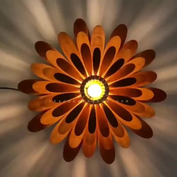 Wood Daisy Pendant Light For Kitchen Island Dining Living Room, Ceiling Light Fixture Hanging Lamp Floral Chandelier, Boho Home Decor