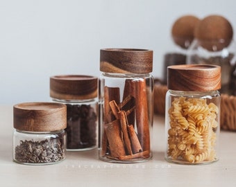 Glass jars with wooden lids for spices hotsell
