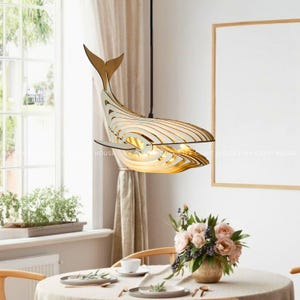 Drewniana lampa wisząca, skandynawski drewniany żyrandol, nowoczesna lampa sufitowa, ręcznie robiony klosz cięty laserowo, oświetlenie jadalni zdjęcie 9