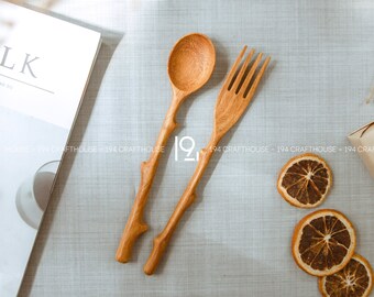 Hand Carved Wooden Spoon and Fork Gift Set for Baker, Eco Friendly Baking Kitchen Mixing Serving Utensils, Farmhouse Tableware Decor