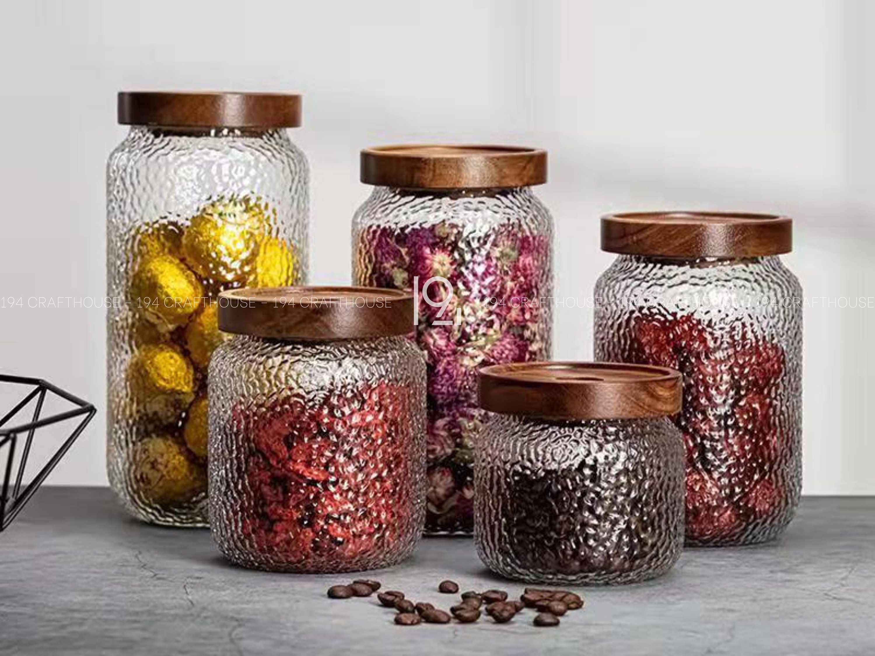 Glass Storage Jars, Kitchen Food Containers with Bamboo Lids, Airtight  Embossed Mason Jar, Decorative Cereal Canisters for Candy Snack Cookies  Coffee
